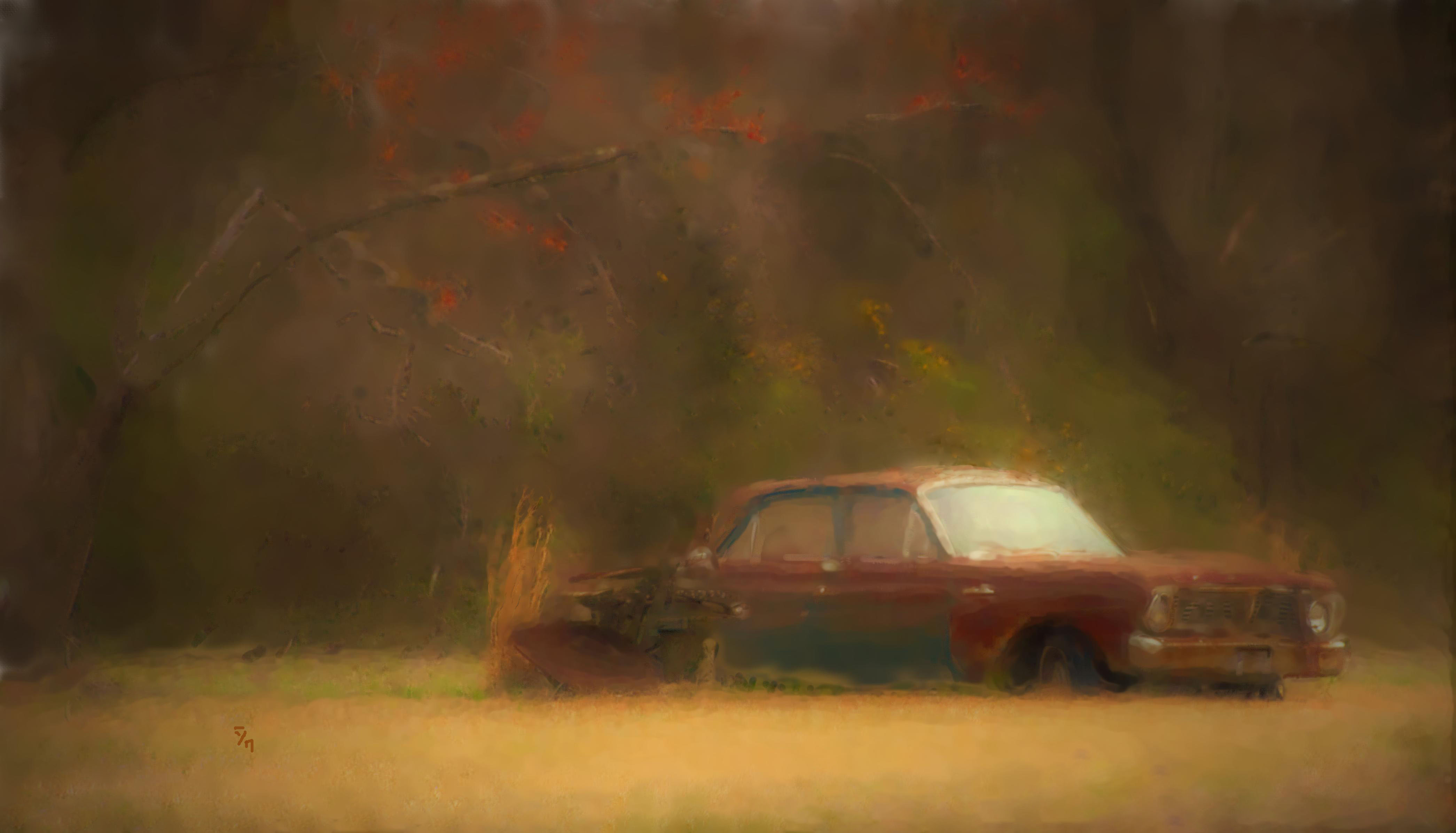 old car, landscape, plow