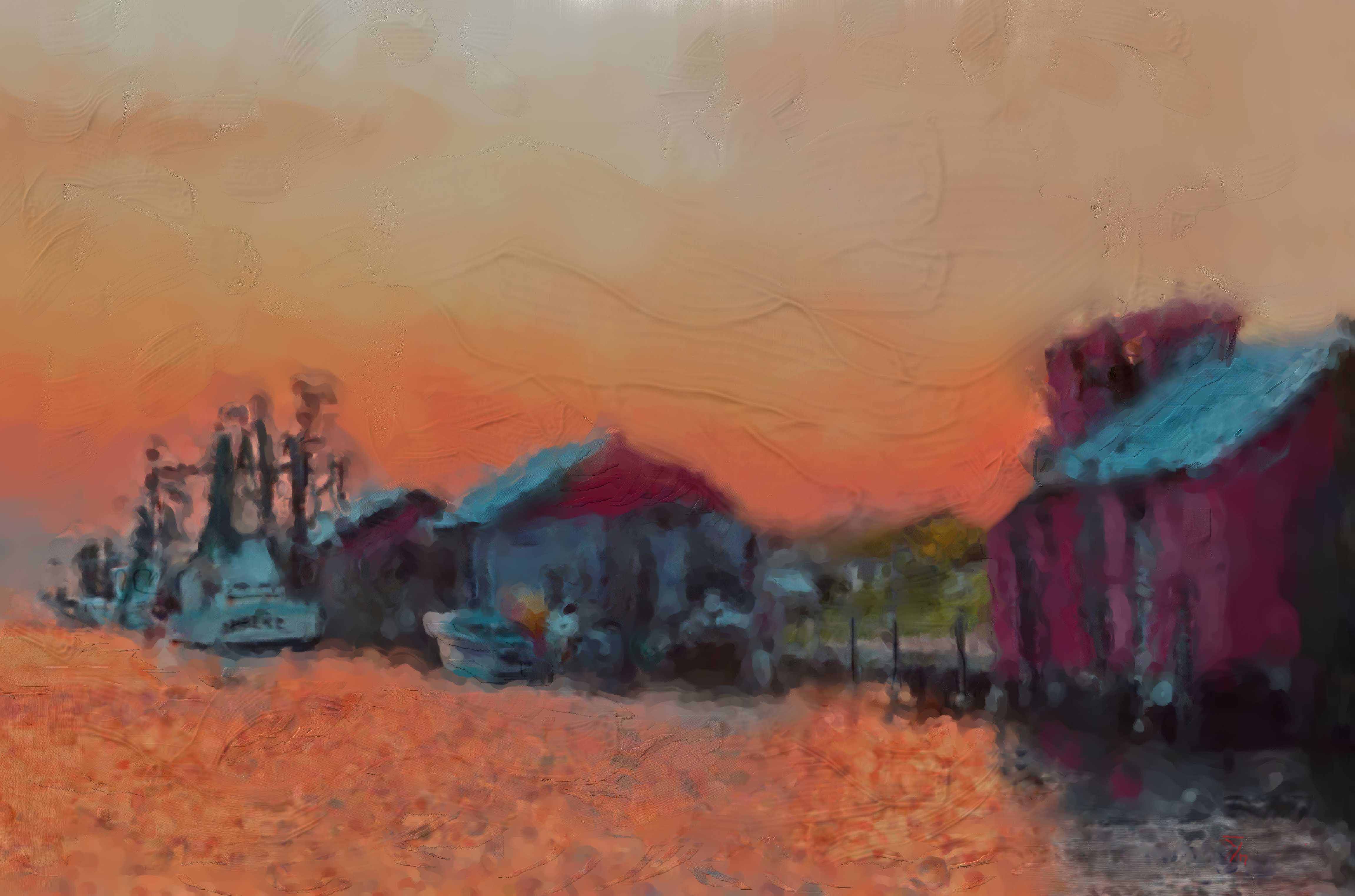 Old dock, sunset, oil pain